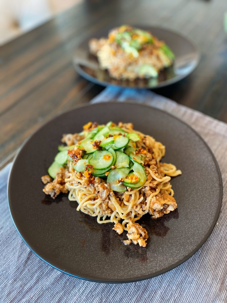 Saucy tofu noodles with cucumbers and chili crisp